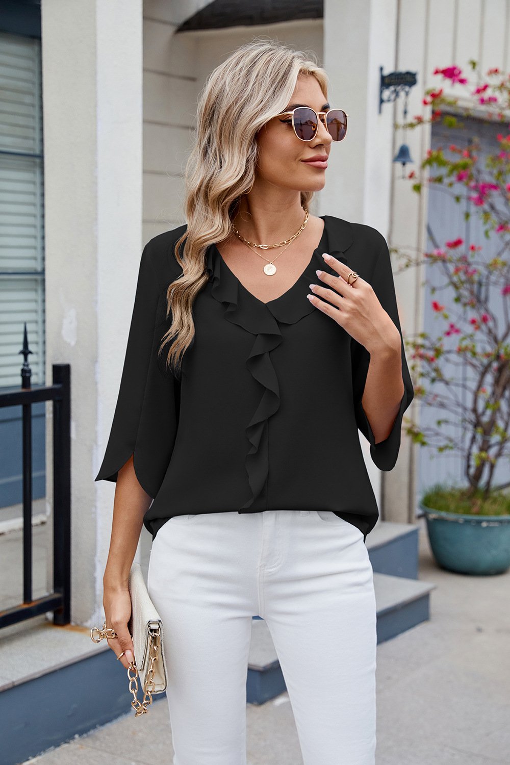 2025 Chiffon Mid-Sleeve V-Neck Pleated Ruffled Women's Top
