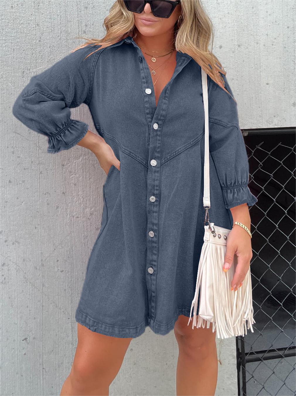 Vestido vaquero lavado con mangas abullonadas (2024) (Compra 2 y envío gratis)