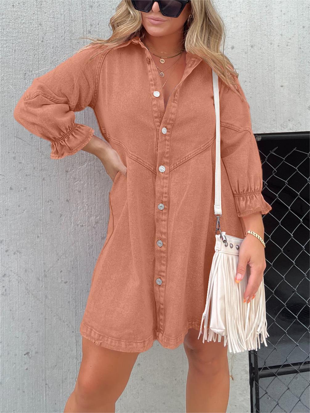 Vestido vaquero lavado con mangas abullonadas (2024) (Compra 2 y envío gratis)