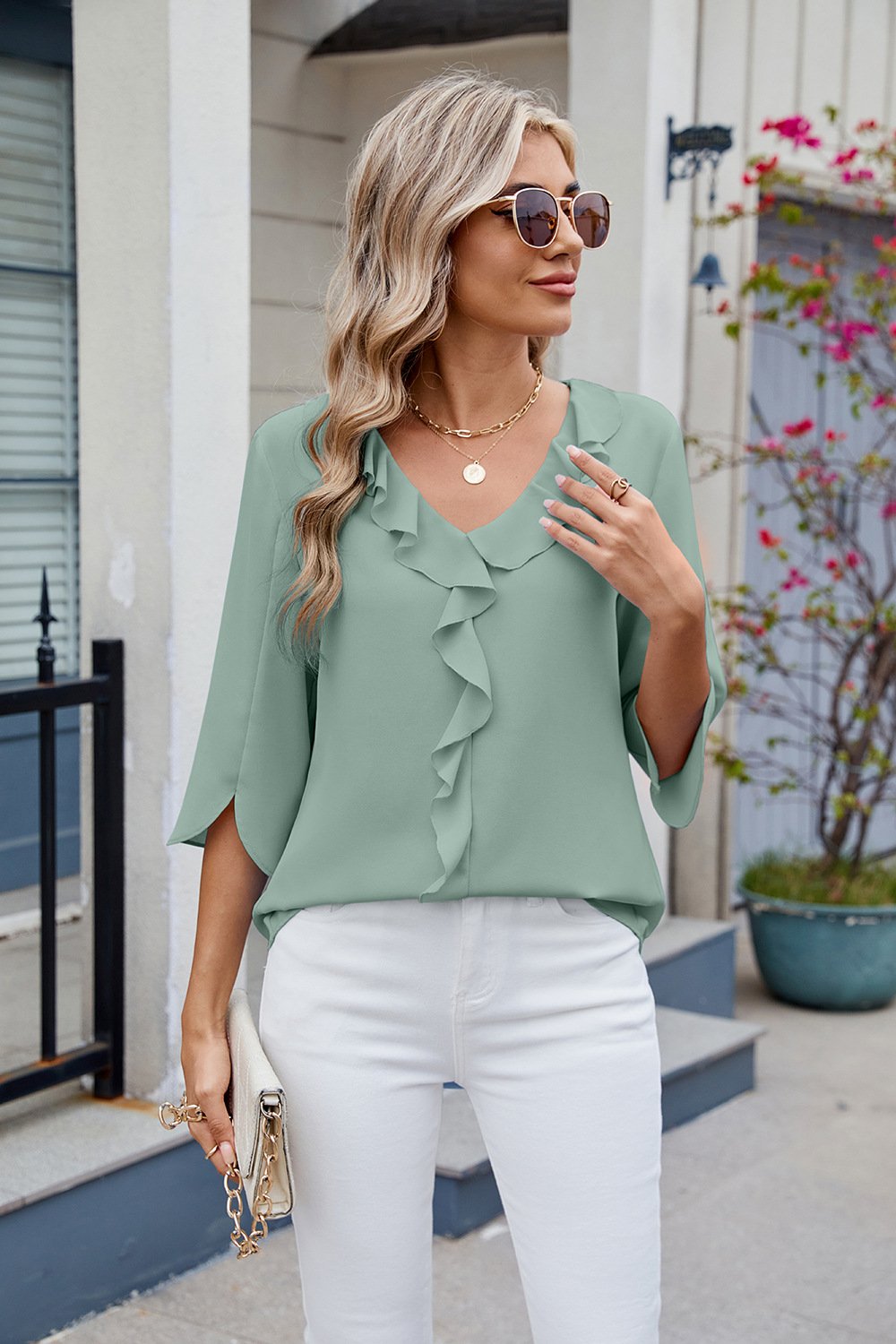2025 Chiffon Mid-Sleeve V-Neck Pleated Ruffled Women's Top