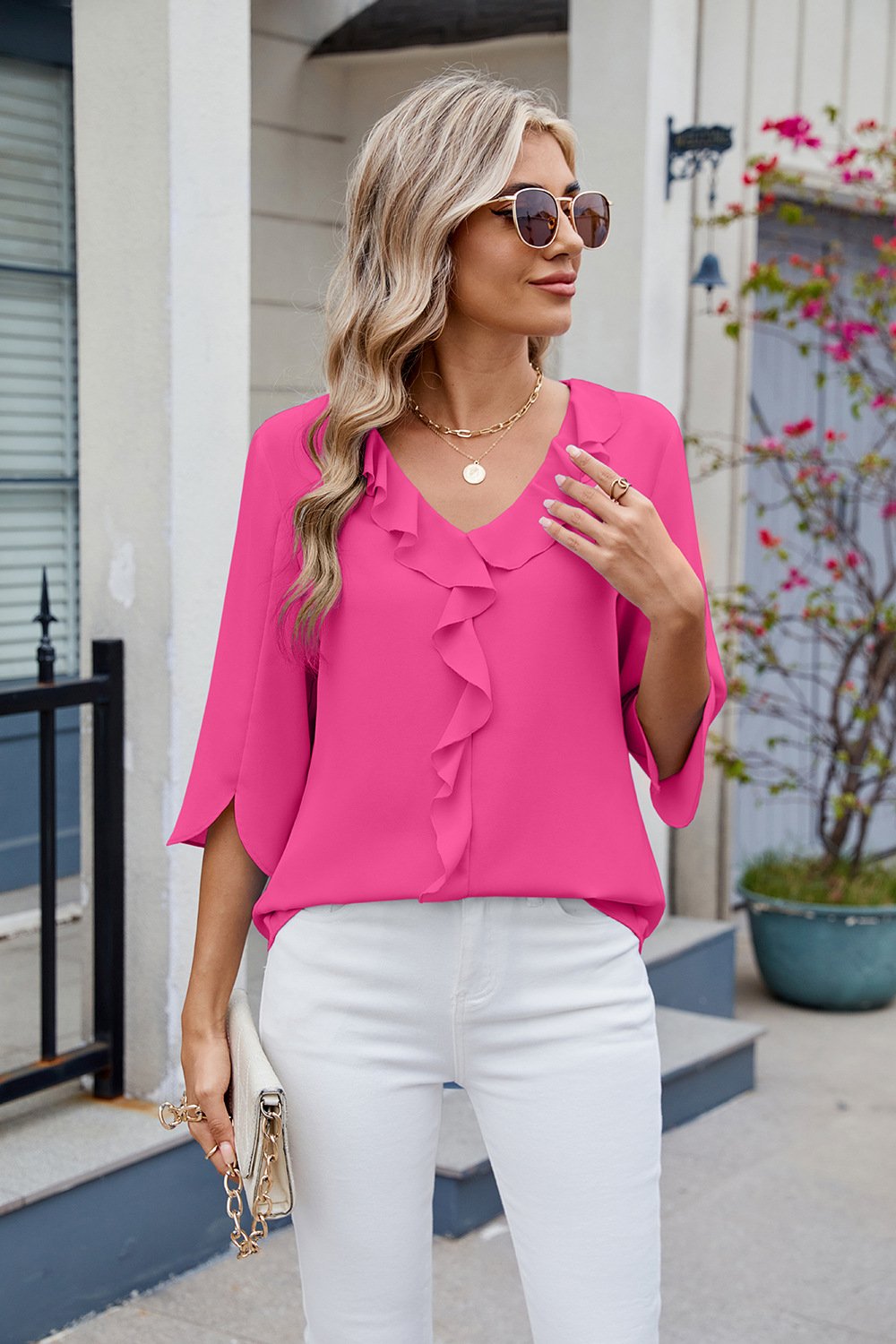 2025 Chiffon Mid-Sleeve V-Neck Pleated Ruffled Women's Top