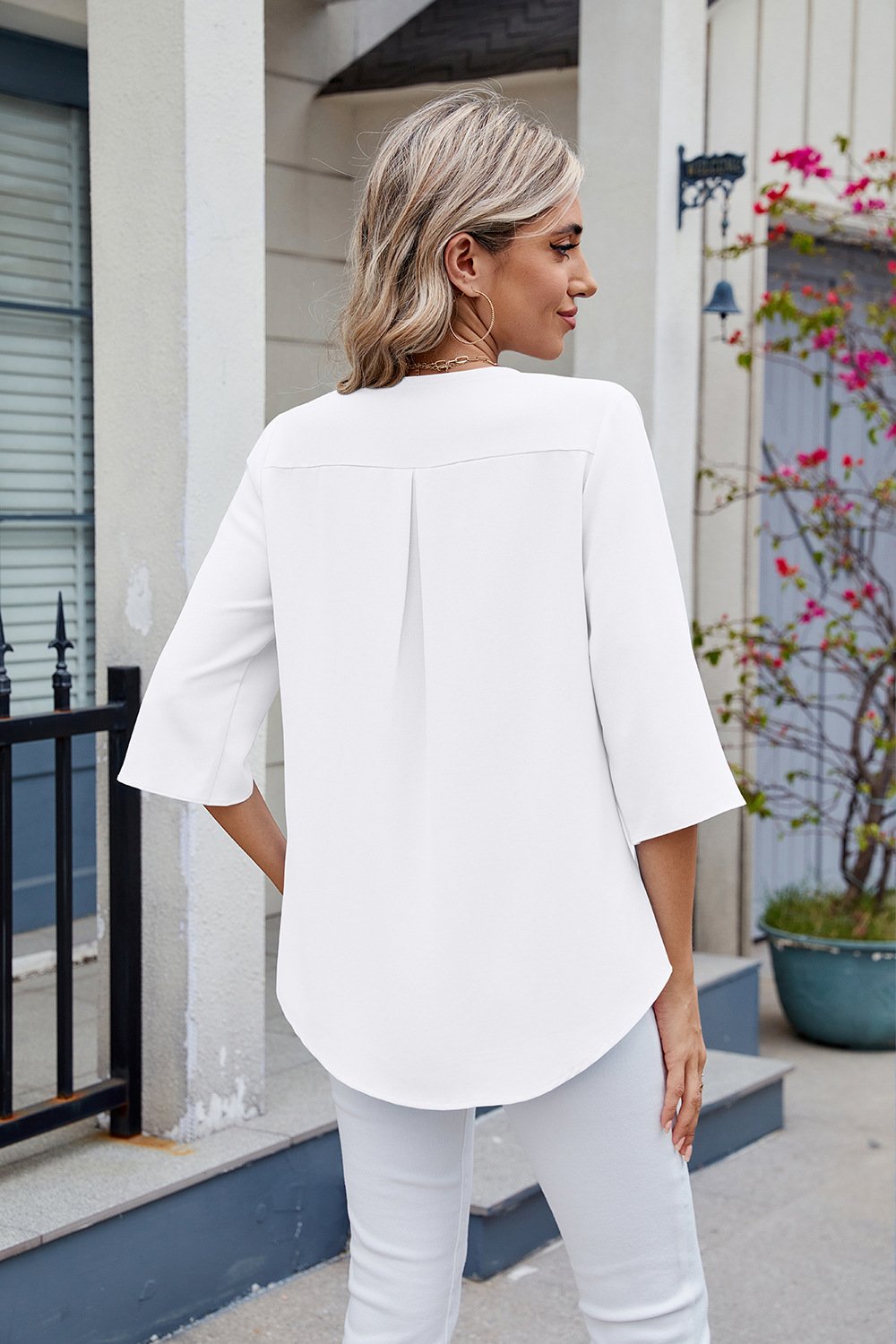 2025 Chiffon Mid-Sleeve V-Neck Pleated Ruffled Women's Top