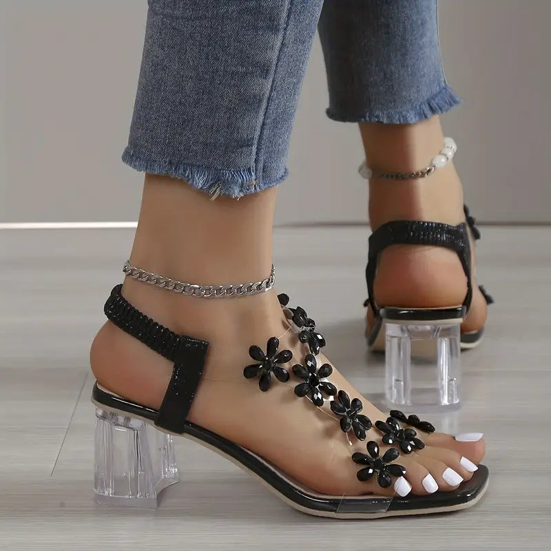 🔥Último día: 50 % de descuento en sandalias de tacón de bloque con flores y diamantes de imitación para mujer.