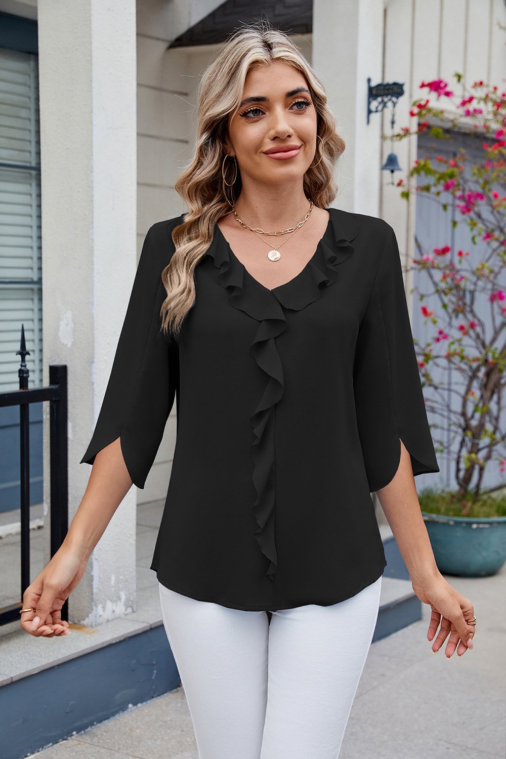 2025 Chiffon Mid-Sleeve V-Neck Pleated Ruffled Women's Top