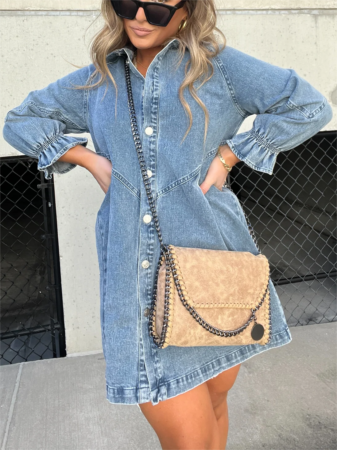 Vestido vaquero lavado con mangas abullonadas (2024) (Compra 2 y envío gratis)