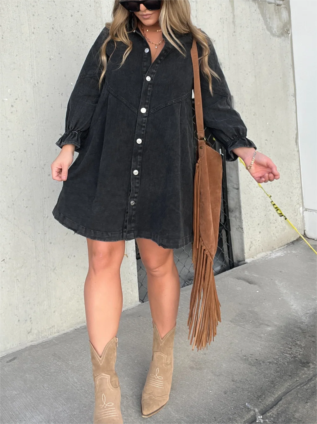 Vestido vaquero lavado con mangas abullonadas (2024) (Compra 2 y envío gratis)