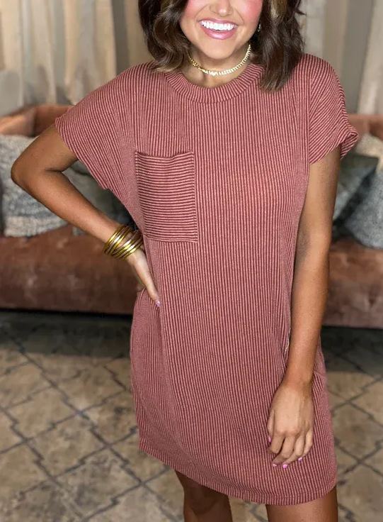 Vestido de cuello redondo acanalado con bolsillos (2024) (Compra 2 y envío gratis)