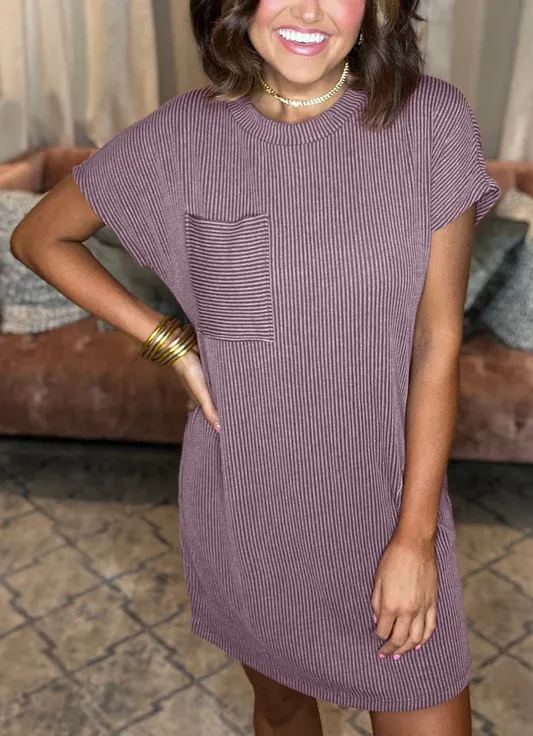 Vestido de cuello redondo acanalado con bolsillos (2024) (Compra 2 y envío gratis)