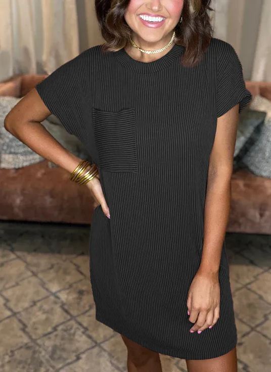 Vestido de cuello redondo acanalado con bolsillos (2024) (Compra 2 y envío gratis)