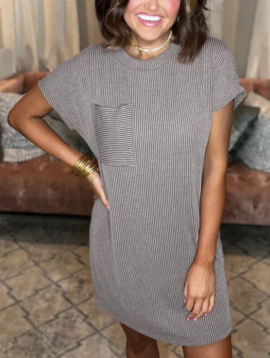Vestido de cuello redondo acanalado con bolsillos (2024) (Compra 2 y envío gratis)