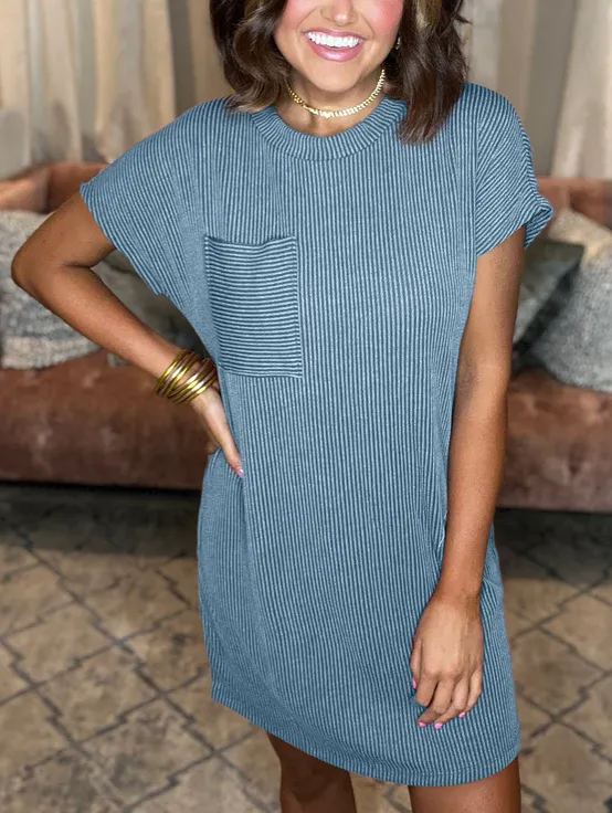 Vestido de cuello redondo acanalado con bolsillos (2024) (Compra 2 y envío gratis)