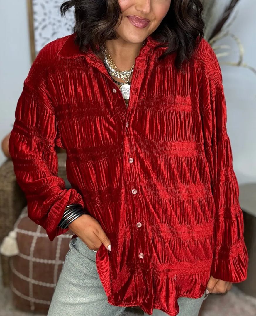 2024 New Women's Shirred Velvet Button Down Top (Buy 2 Free Shipping)