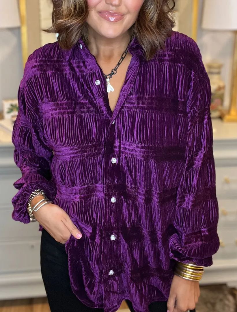 2024 New Women's Shirred Velvet Button Down Top (Buy 2 Free Shipping)