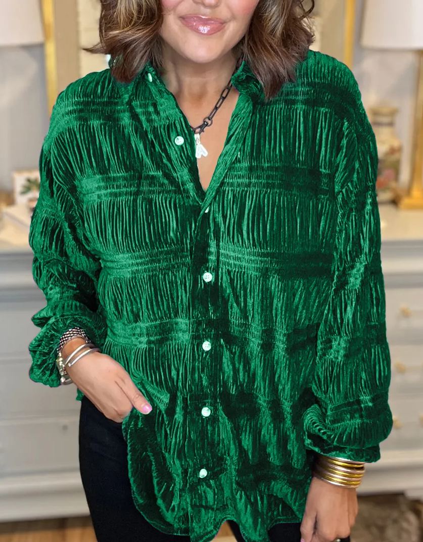 2024 New Women's Shirred Velvet Button Down Top (Buy 2 Free Shipping)