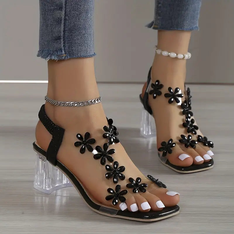 🔥Último día: 50 % de descuento en sandalias de tacón de bloque con flores y diamantes de imitación para mujer. 