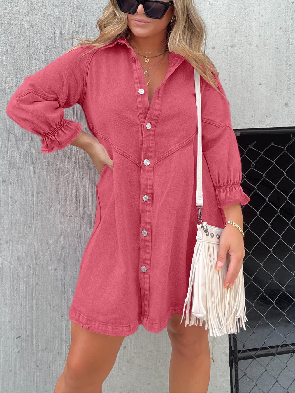 Vestido vaquero lavado con mangas abullonadas (2024) (Compra 2 y envío gratis)
