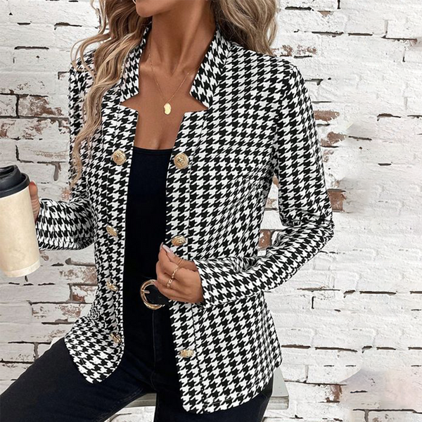 Vintage Collarless Houndstooth Print Outerwear