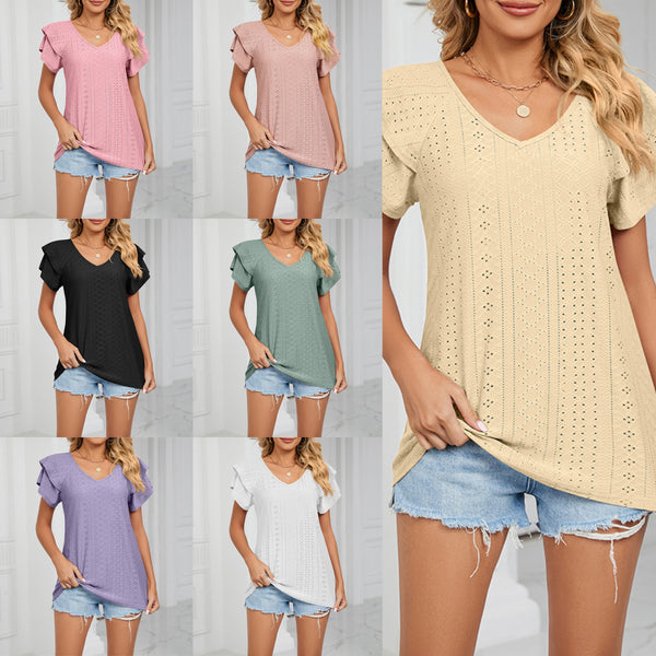 Solid Color Double-sleeved V-neck Loose T-shirt (Buy 3 Free Shipping)