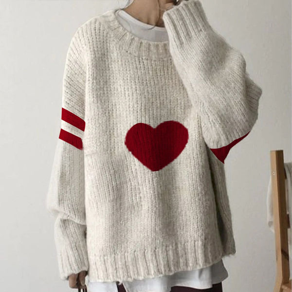 Elegant Red Heart Print Round Neck Sweater