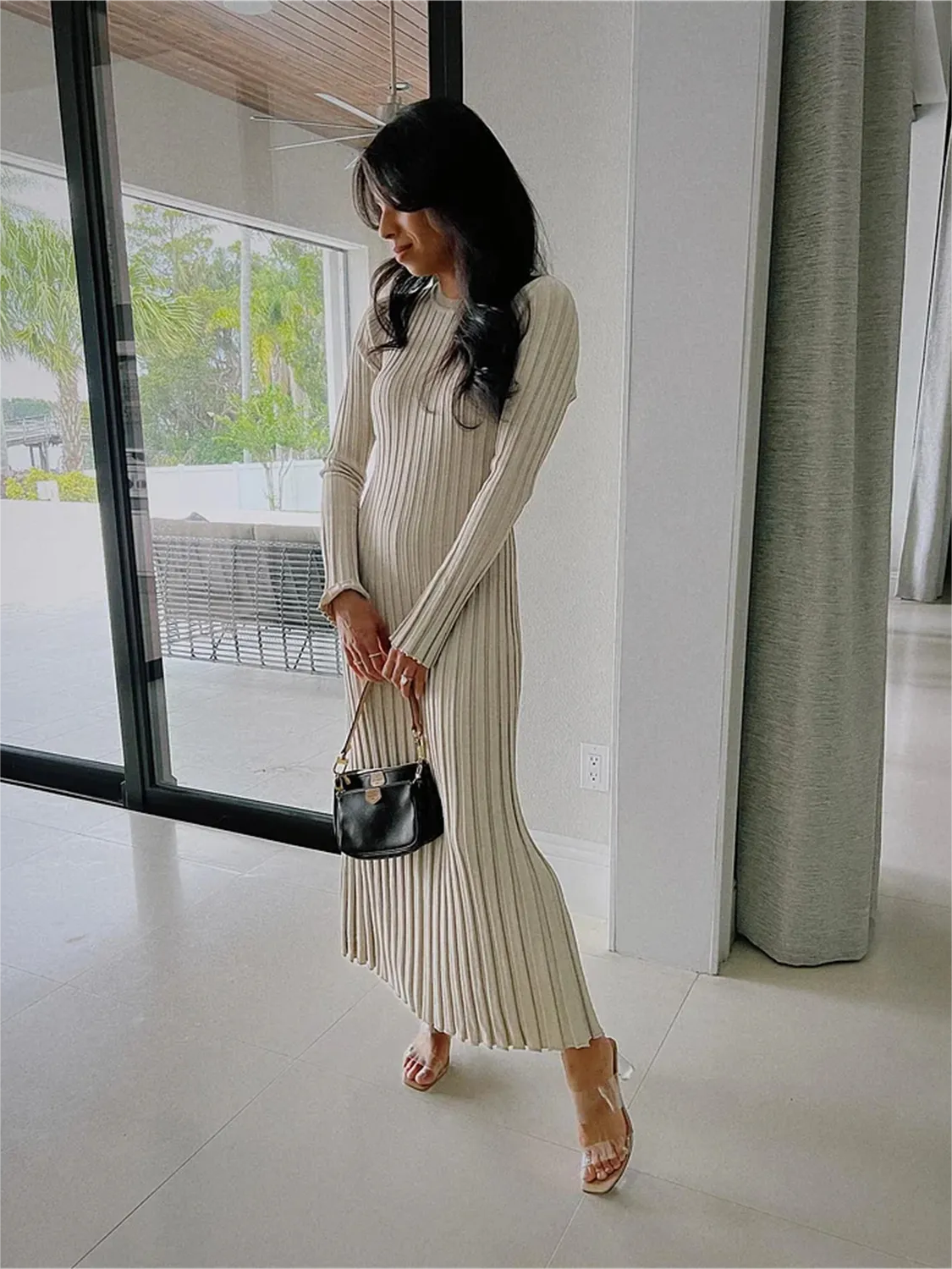 Vestido midi de punto con mangas, otoño 2024 (Compra 2 y envío gratis)