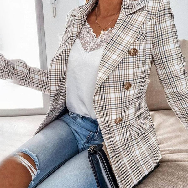 Groovy Lapel Long Sleeve Plaid Print Blazer