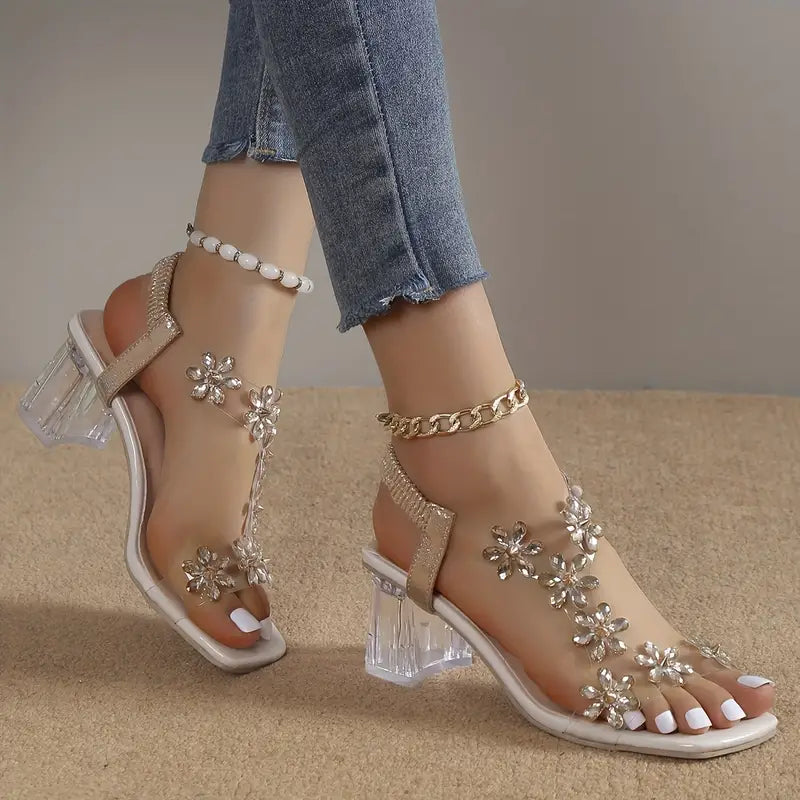 🔥Último día: 50 % de descuento en sandalias de tacón de bloque con flores y diamantes de imitación para mujer. 