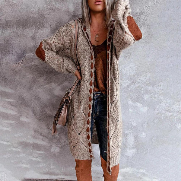 Hoodie Khaki Diamond Elbow Patch Long Cardigan Sweater