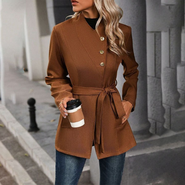 Trendy Brown Plain Long Sleeve Collarless Outerwear