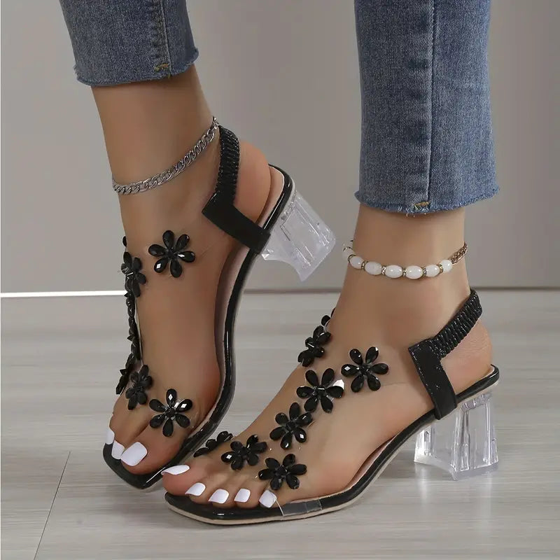 🔥Último día: 50 % de descuento en sandalias de tacón de bloque con flores y diamantes de imitación para mujer. 