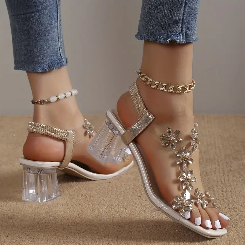 🔥Último día: 50 % de descuento en sandalias de tacón de bloque con flores y diamantes de imitación para mujer. 