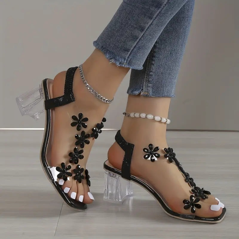 🔥Último día: 50 % de descuento en sandalias de tacón de bloque con flores y diamantes de imitación para mujer. 