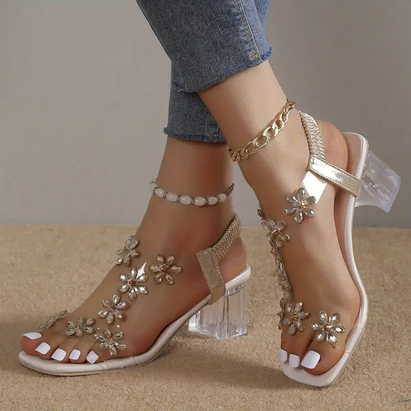 🔥Último día: 50 % de descuento en sandalias de tacón de bloque con flores y diamantes de imitación para mujer. 