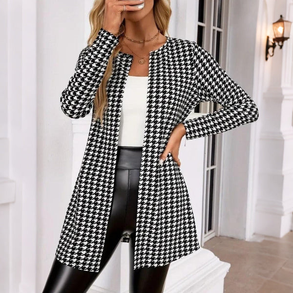 Classy Long Sleeve Houndstooth Outerwear