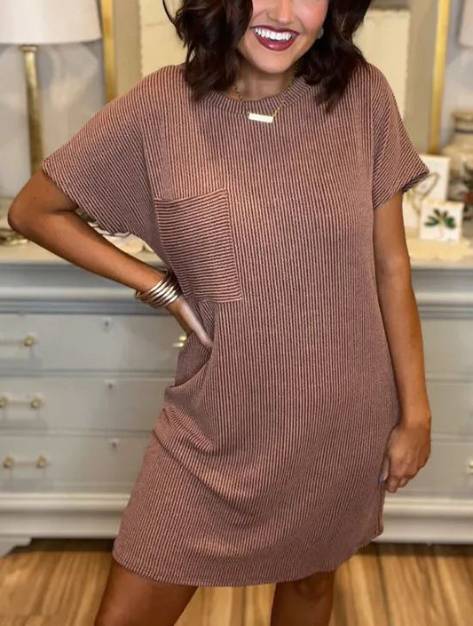 Vestido de cuello redondo acanalado con bolsillos (2024) (Compra 2 y envío gratis)