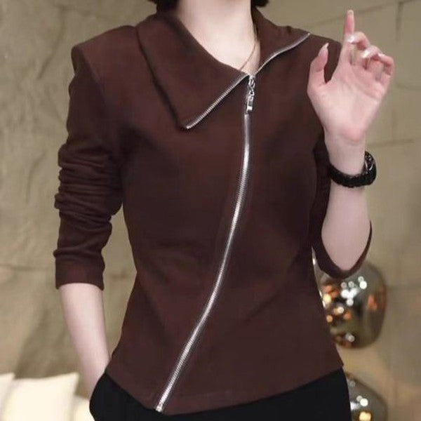 Brown Plain Collared Long Sleeve Outerwear