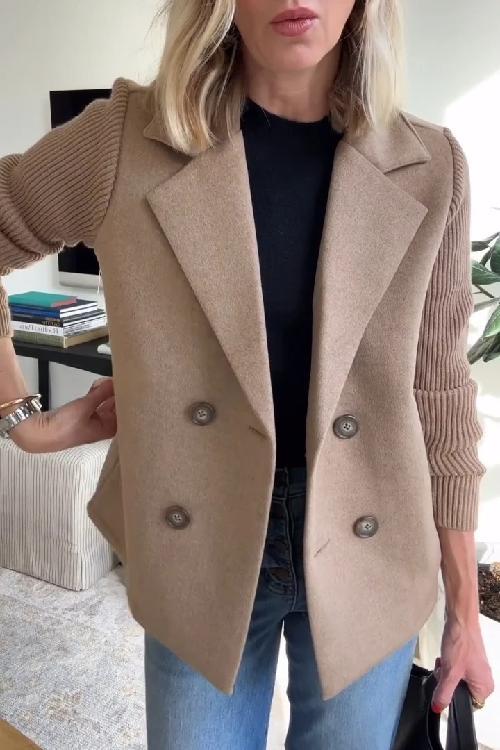 Women's Lapel Button Knitted Sleeve Casual Coat with Two Pockets on the Sides