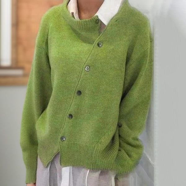 Green Plain Round Neck Long Sleeve Cardigan